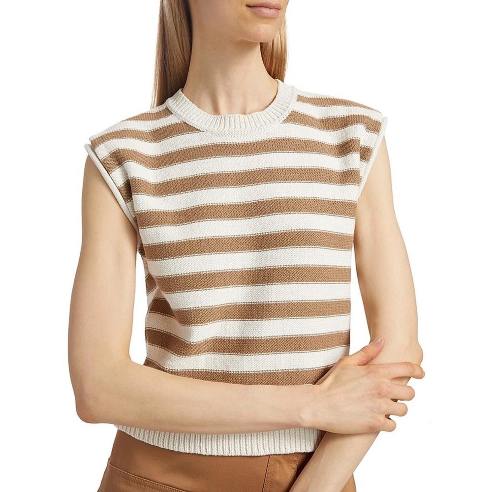 Veronica Beard Vera Striped Cotton Cap-Sleeve Sweater In Off White/Khaki NWT